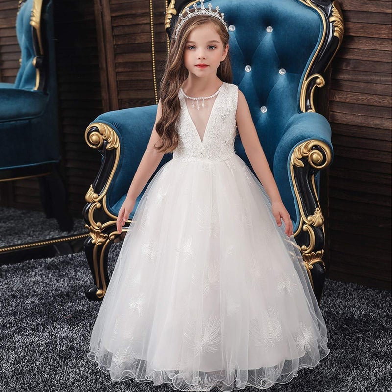 MYRISAM Little Girls Applique Princess Dress Bridesmaid Wedding Party Pageant Birthday Formal Dance Long Maxi Tulle Gown White 11-12T - Image 2
